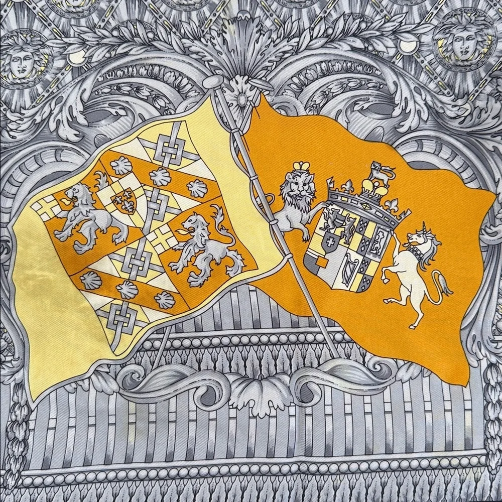 Versace Black Gray Gold Yellow Crest Fringe Scarf